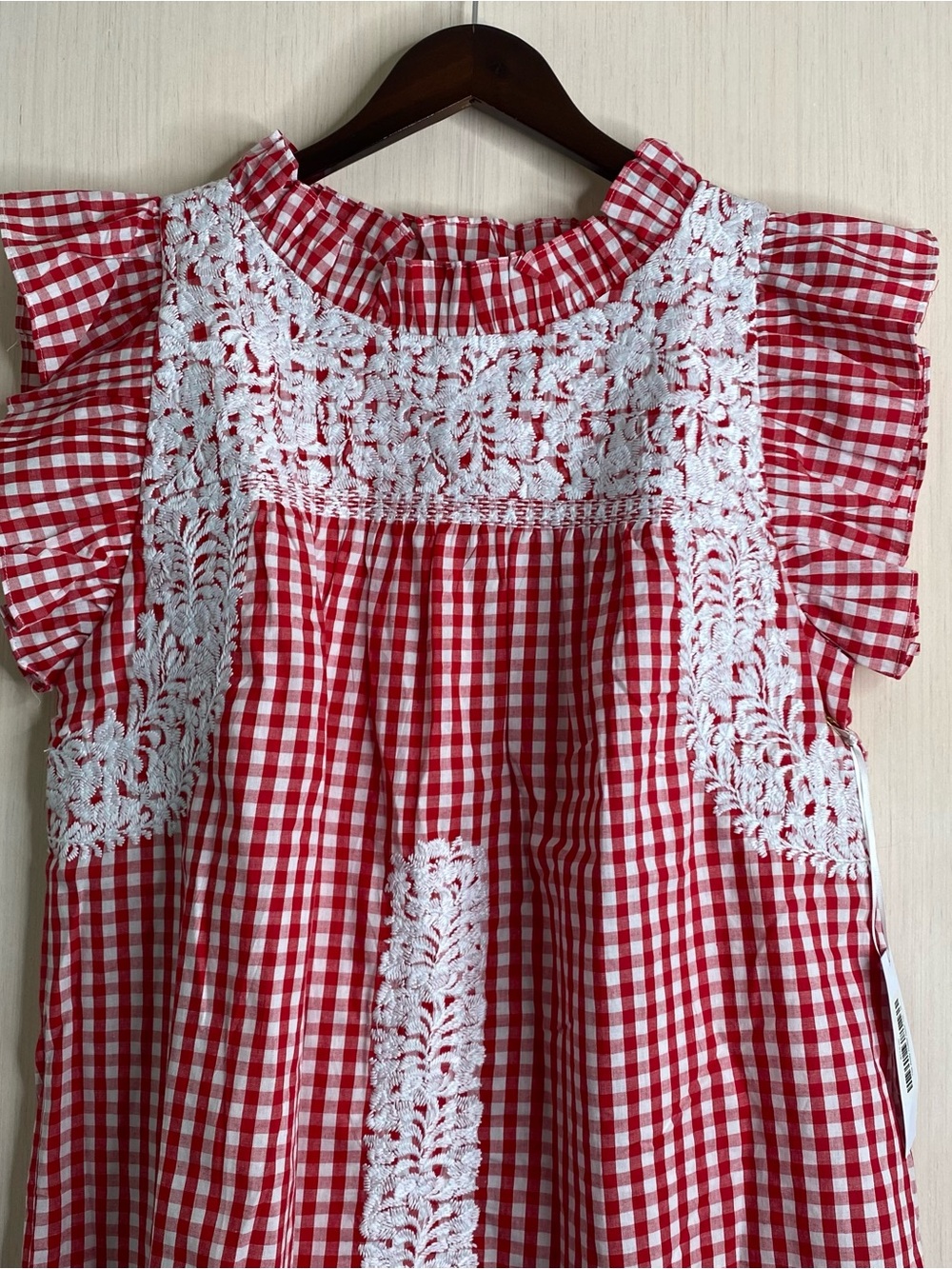 J.Marie Women’s The Andy Ruffle Neck Top Red Gingham Embroidered Lined Medium - Picture 3 of 7